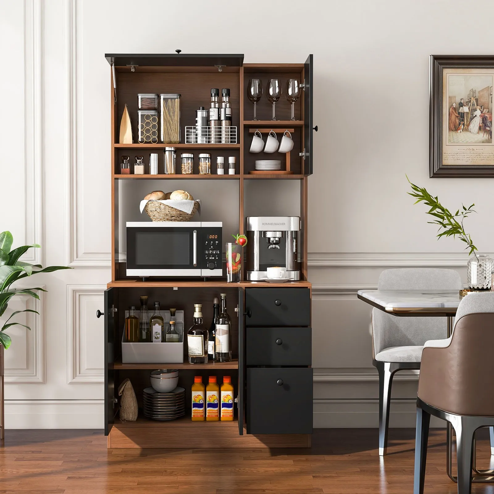 180CM Modern Kitchen Freestanding Storage Cabinet with Doors and Adjustable Shelves-Walnut