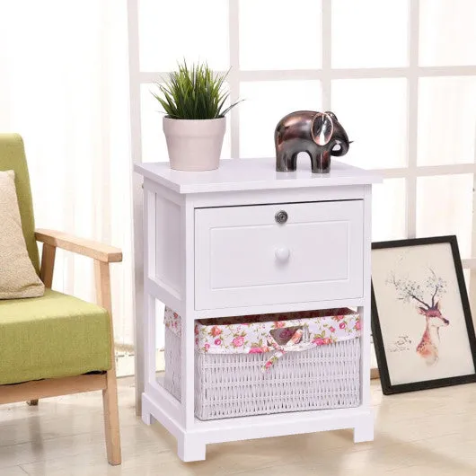 2 Tiers Wood Nightstand w/ 1 Drawer and 1 Basket