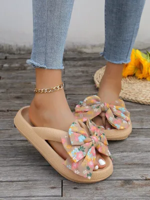 2024 Summer Resort Style Thick-Soled Slipper: Khaki Handmade Beach Sandals with Bowknot Detail