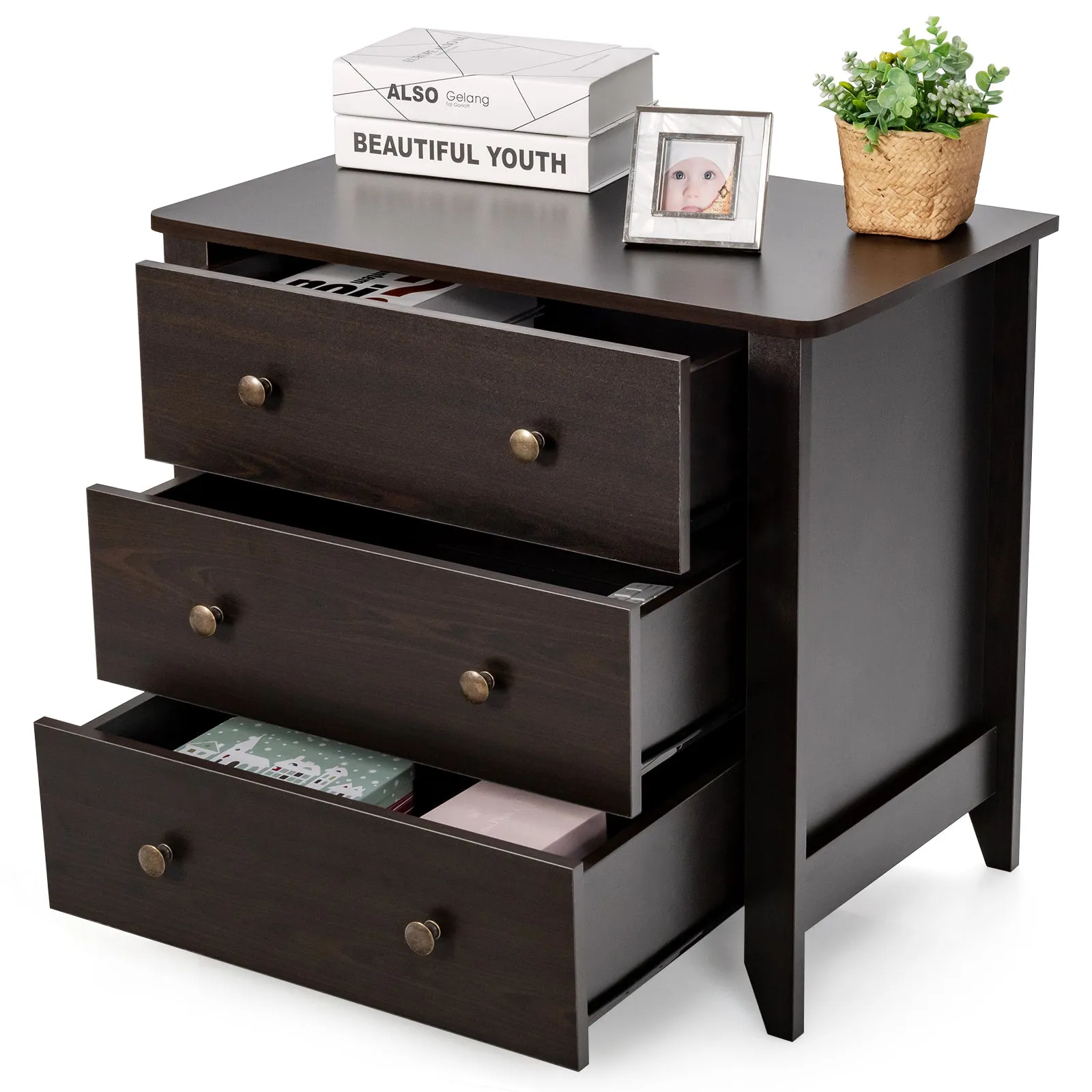 3-Drawer Wooden Dresser Chest of Drawers with Round Metal Knobs-Coffee