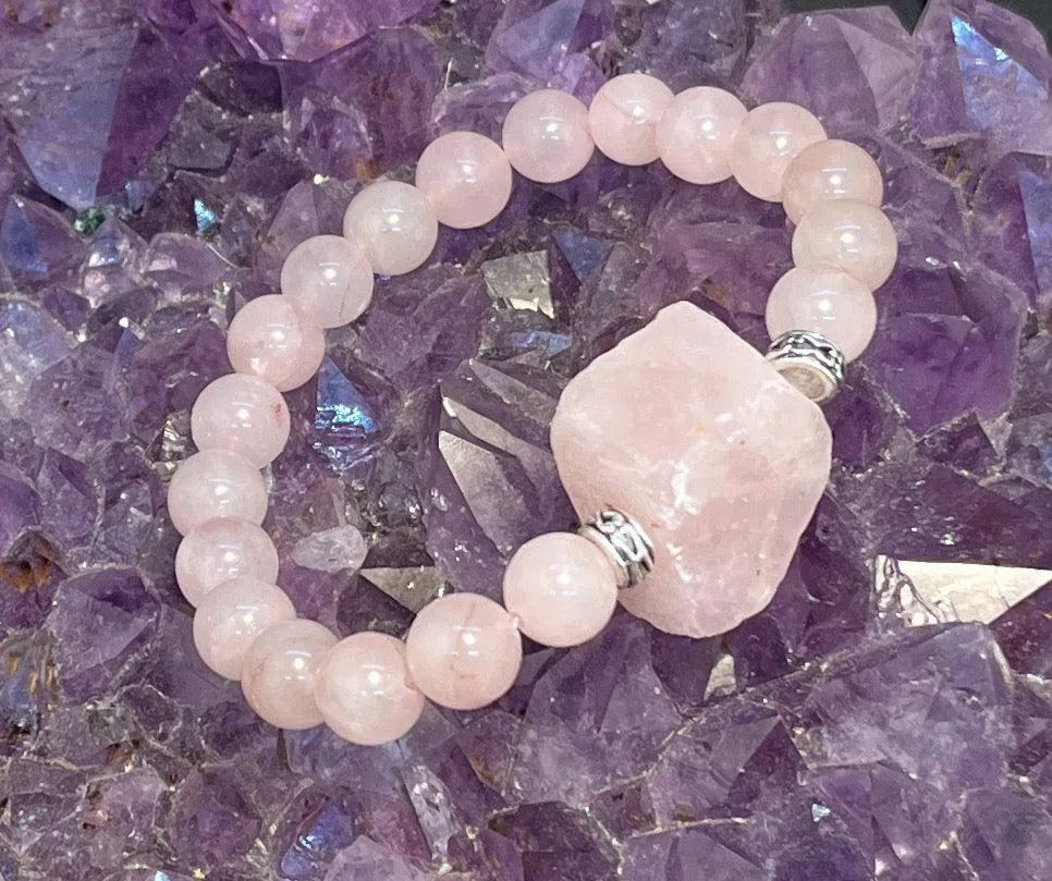 8mm Rose Quartz with Rough Rose Quartz Stretchy Bracelet