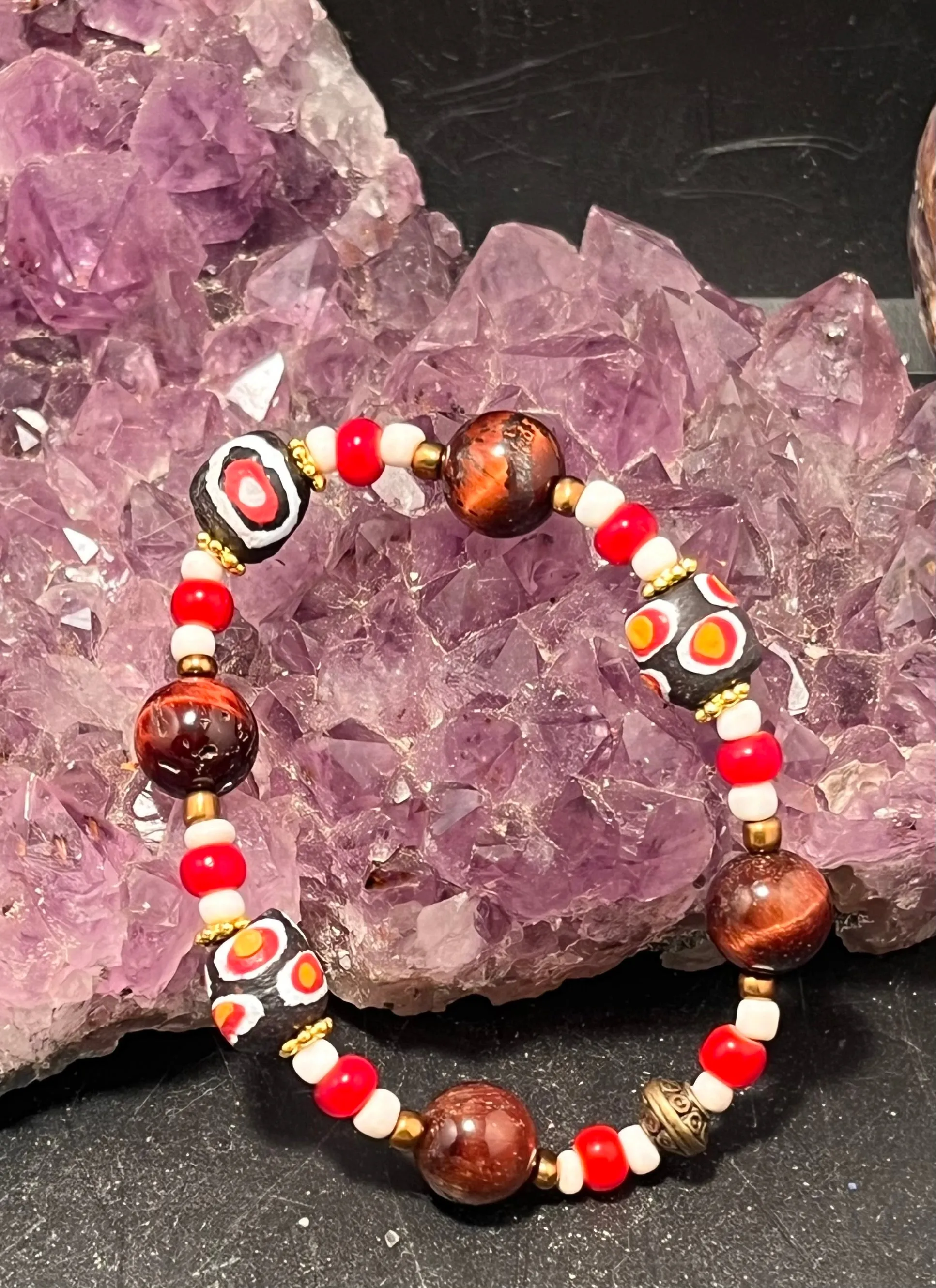 African Beads and Red Tigers Eye Stretchy Bracelet