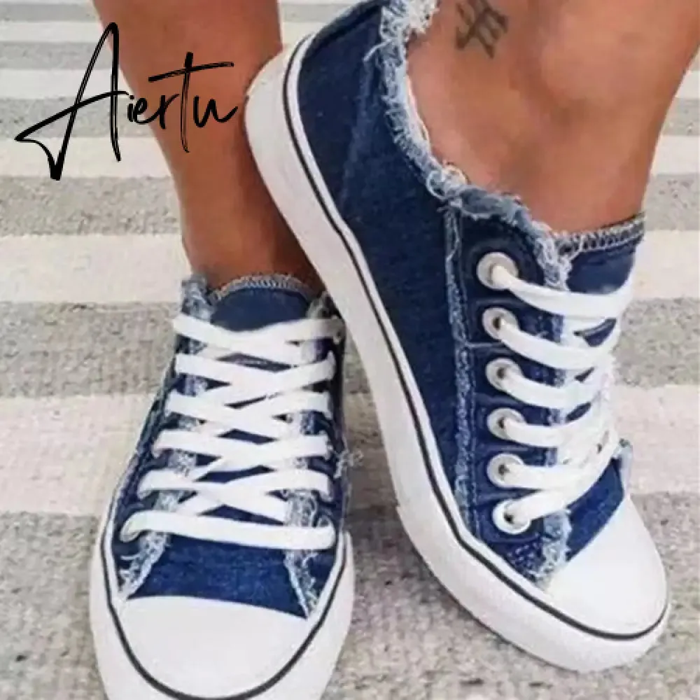 Aiertu Canvas Shoes for Women Fashion Lace Up Flat Sneakers Solid Color Casual Ladies Vulcanized Shoes Plus Size Zapatillas Mujer