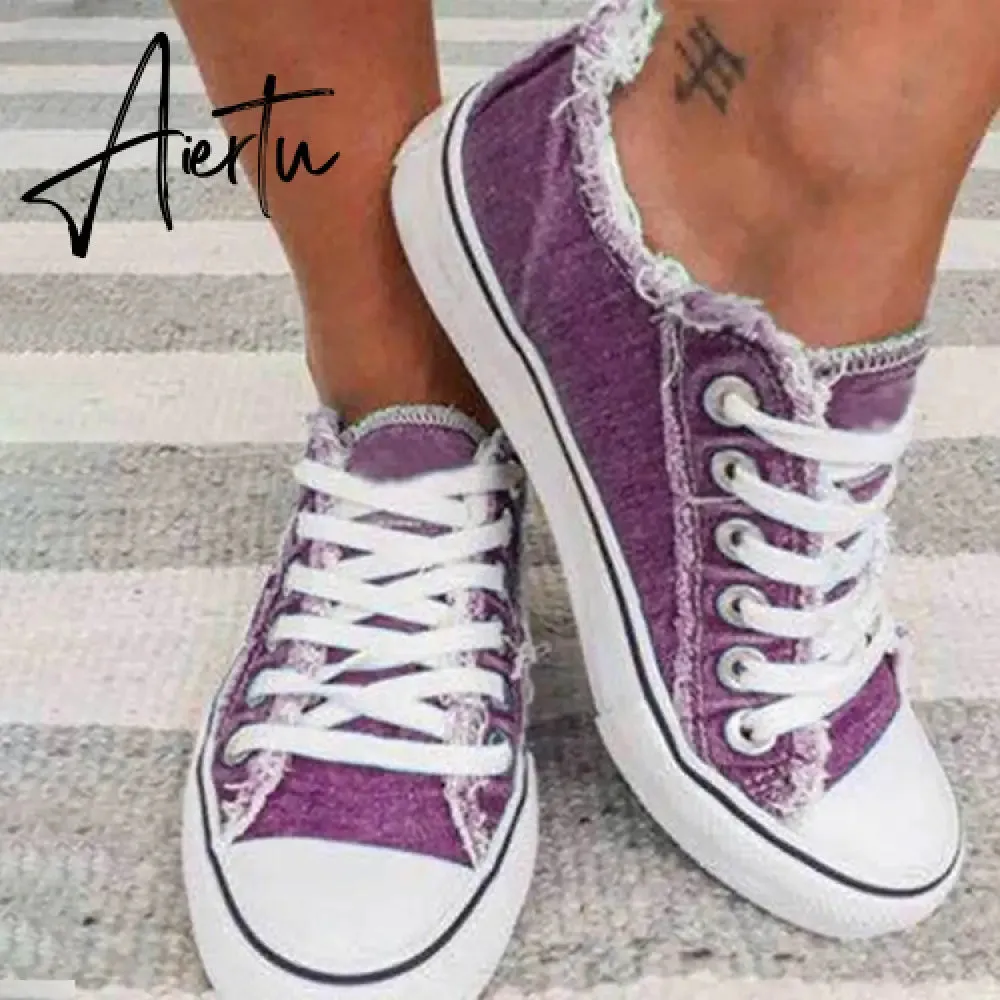 Aiertu Canvas Shoes for Women Fashion Lace Up Flat Sneakers Solid Color Casual Ladies Vulcanized Shoes Plus Size Zapatillas Mujer