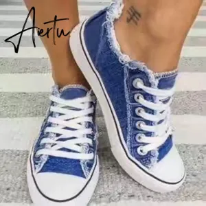 Aiertu Canvas Shoes for Women Fashion Lace Up Flat Sneakers Solid Color Casual Ladies Vulcanized Shoes Plus Size Zapatillas Mujer