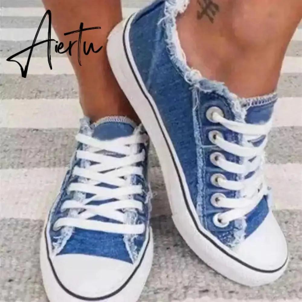 Aiertu Canvas Shoes for Women Fashion Lace Up Flat Sneakers Solid Color Casual Ladies Vulcanized Shoes Plus Size Zapatillas Mujer