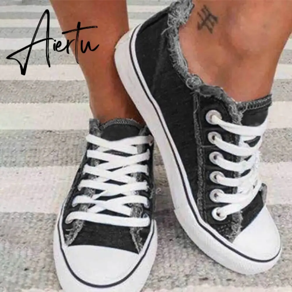 Aiertu Canvas Shoes for Women Fashion Lace Up Flat Sneakers Solid Color Casual Ladies Vulcanized Shoes Plus Size Zapatillas Mujer