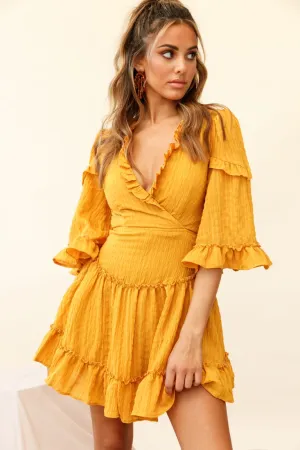 Albany Lace Up Back Frill Dress Shirred Mustard