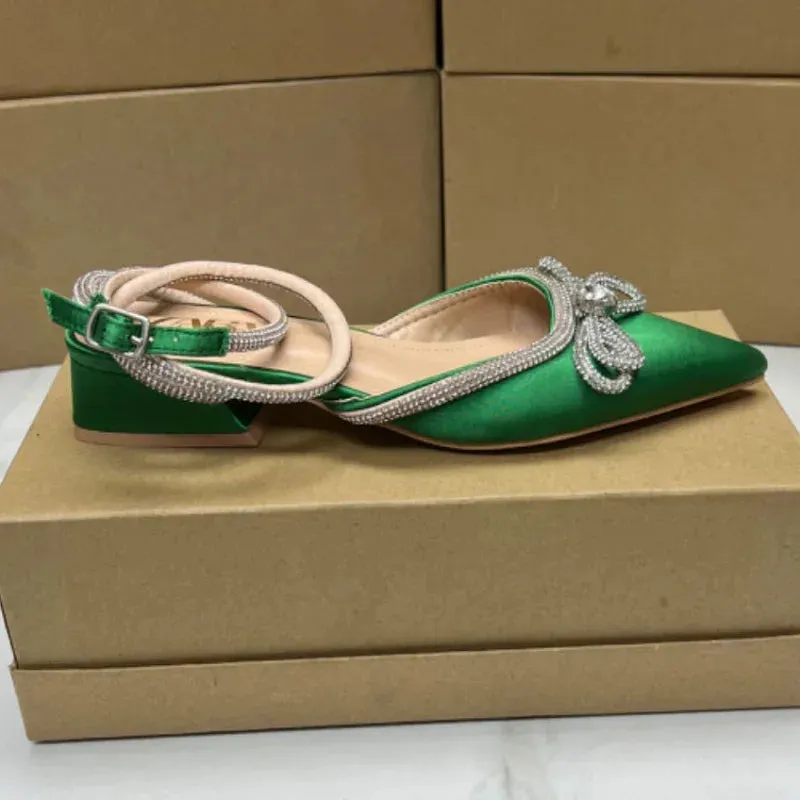 AMOZAE-- Rhinestone Bowknot Flats with Ankle Strap