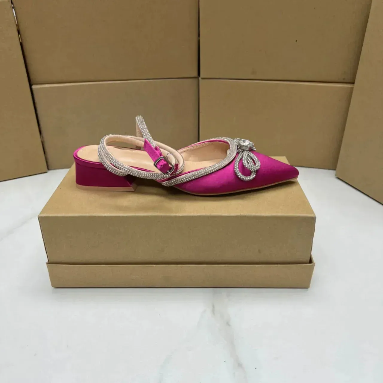 AMOZAE-- Rhinestone Bowknot Flats with Ankle Strap