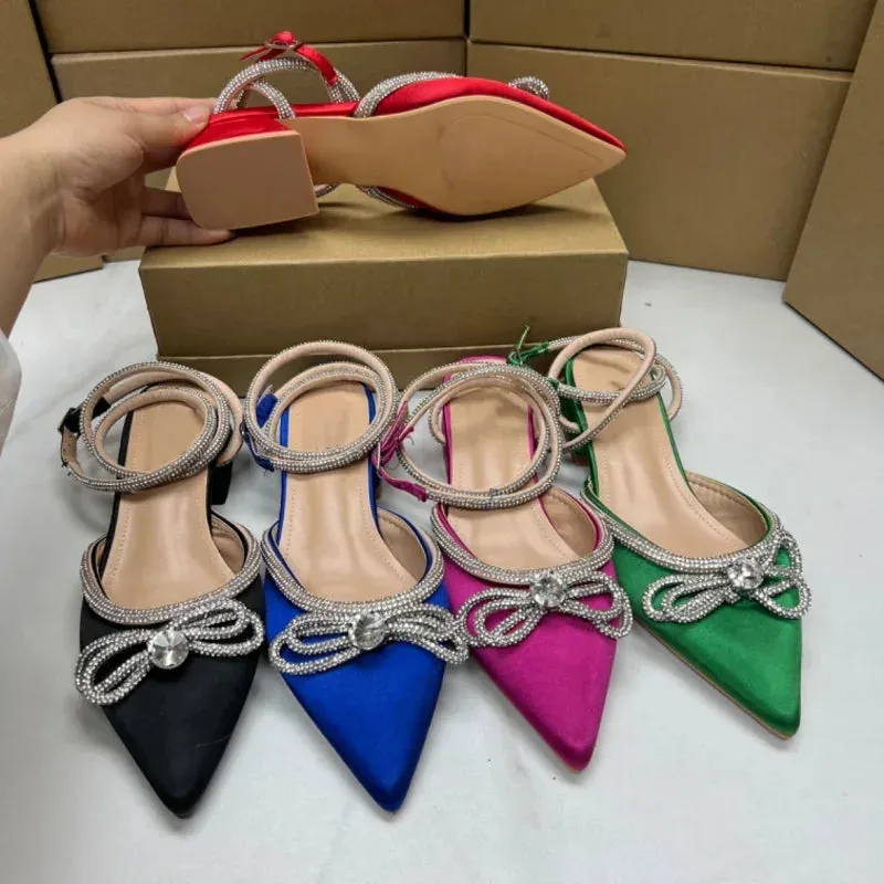 AMOZAE-- Rhinestone Bowknot Flats with Ankle Strap