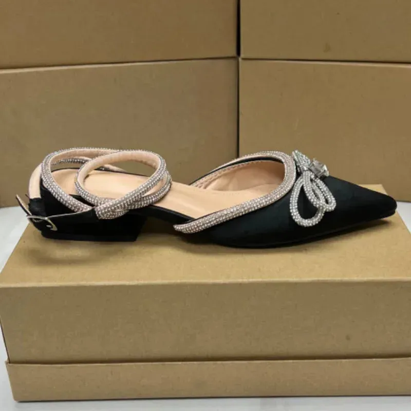 AMOZAE-- Rhinestone Bowknot Flats with Ankle Strap