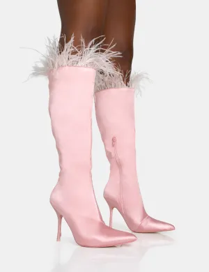 Baddie Baby Pink Satin Feather Pointed Toe Stiletto Knee High Boots