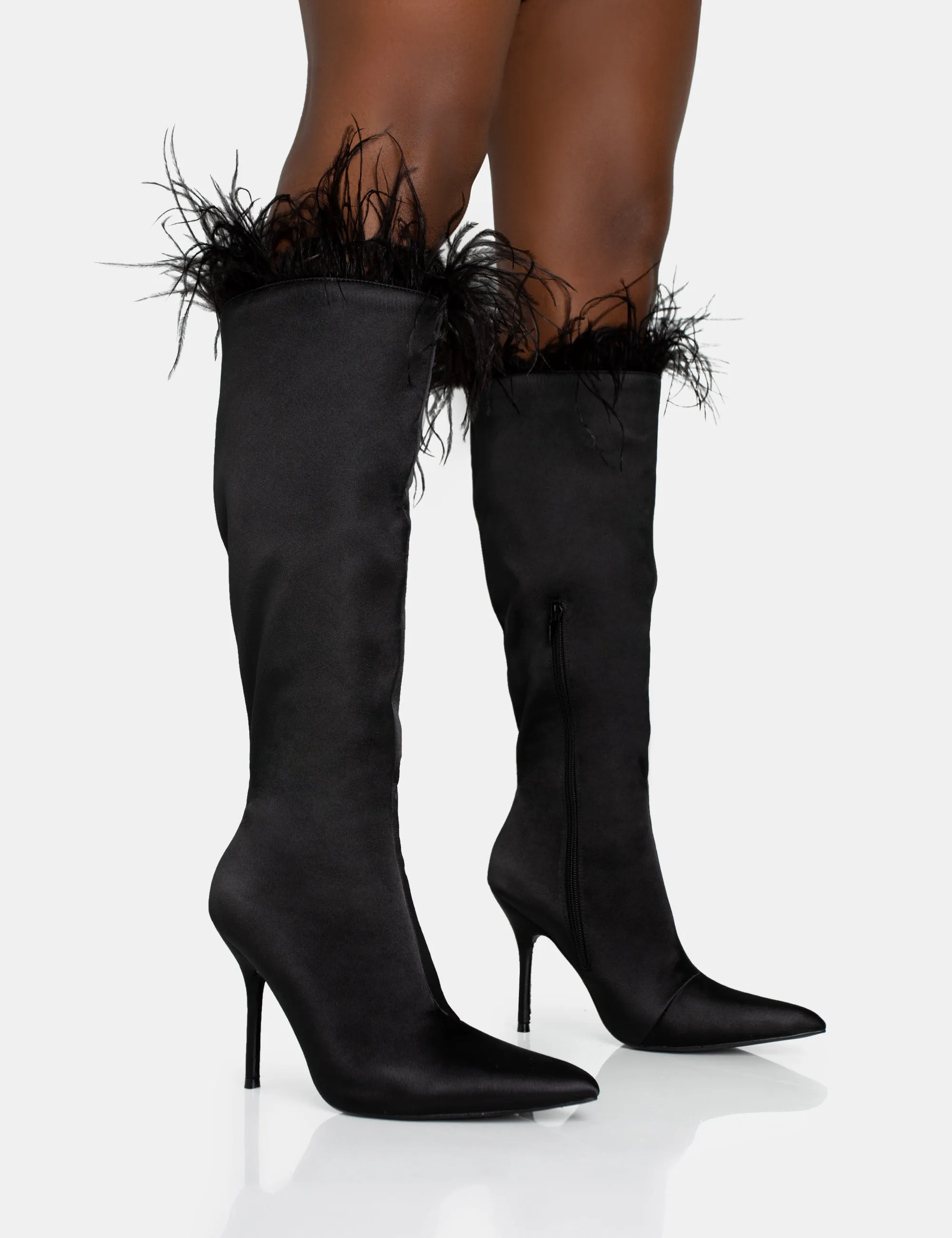 Baddie Black Satin Feather Pointed Court Stiletto Knee High Boots