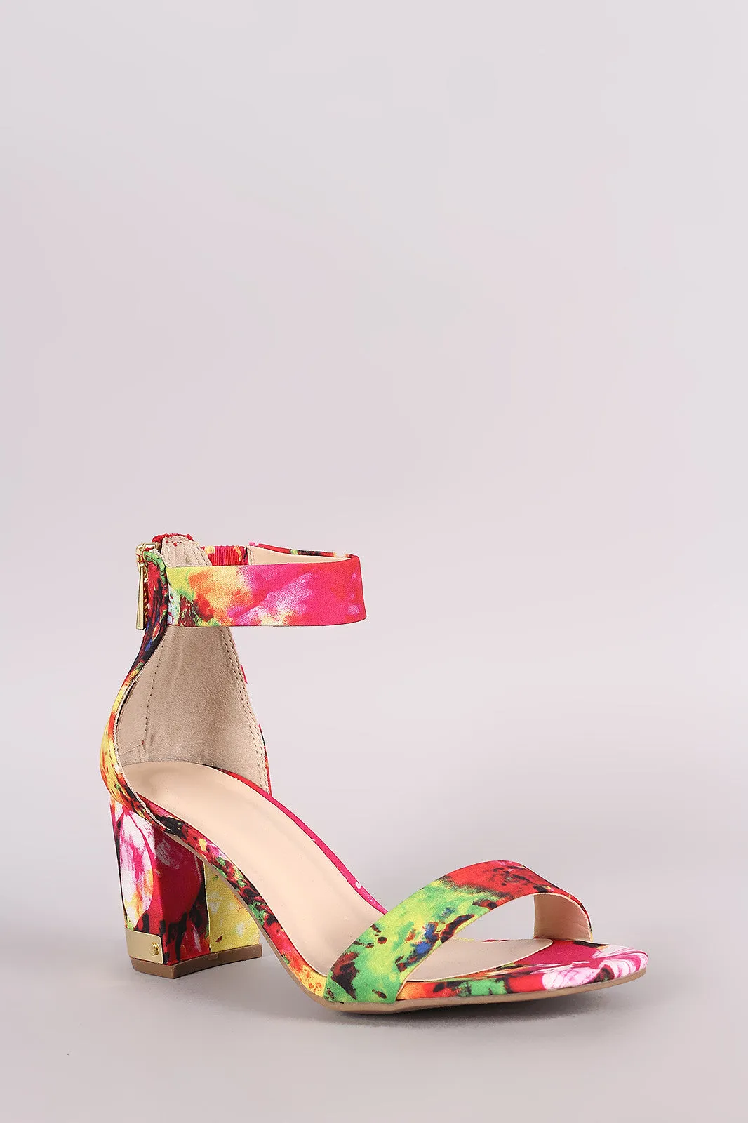 Bamboo Abstract Watercolor Ankle Strap Chunky Heel