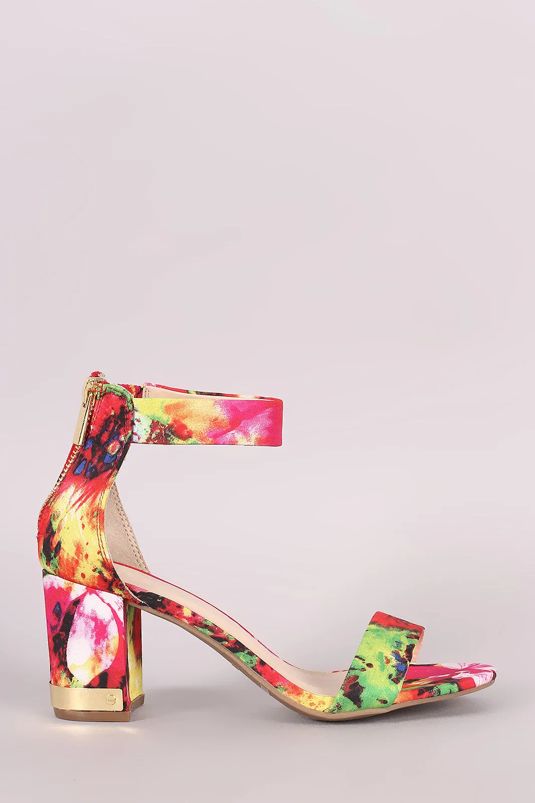 Bamboo Abstract Watercolor Ankle Strap Chunky Heel