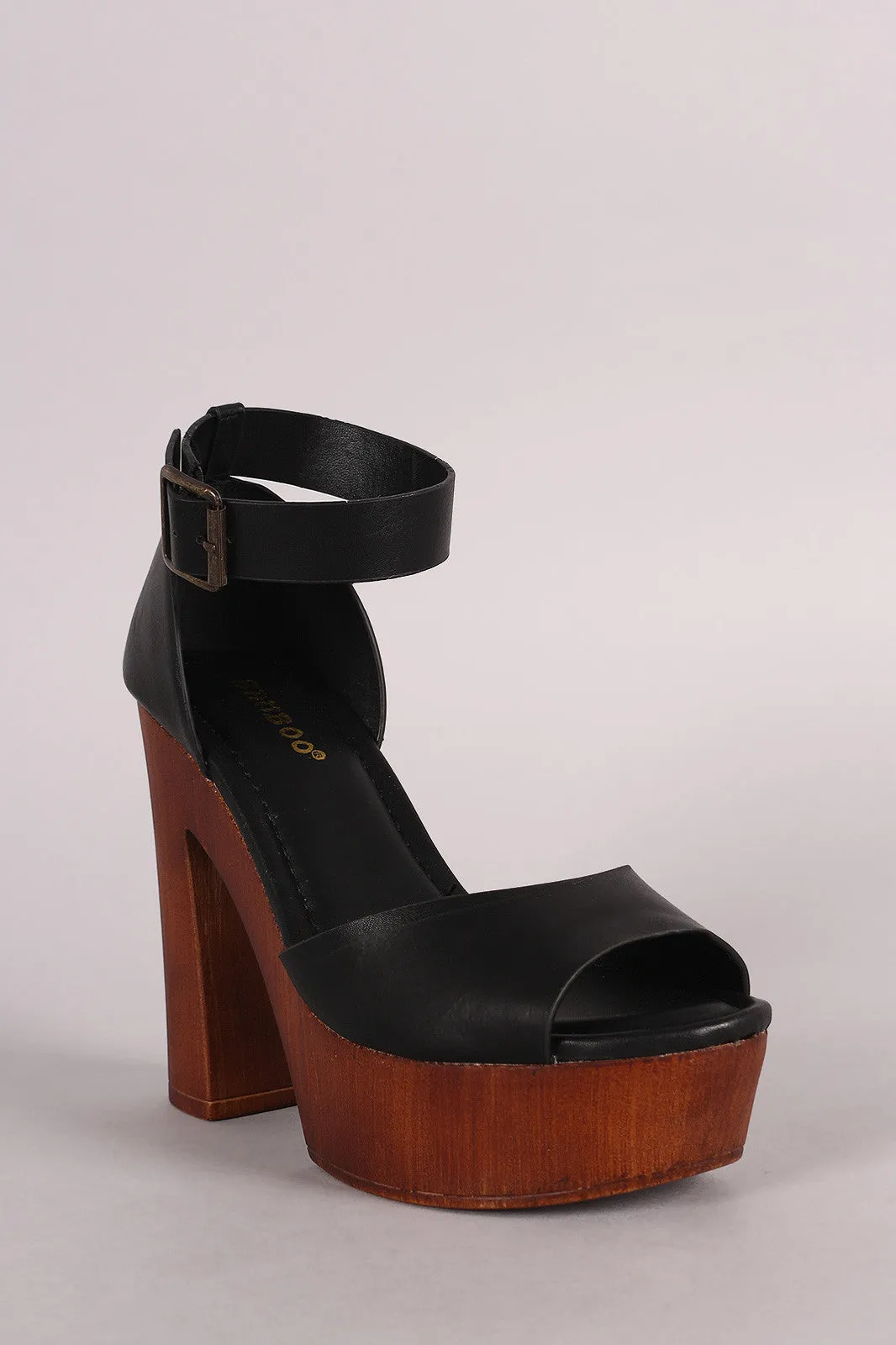 Bamboo Ankle Strap Chunky Wooden Platform Heel