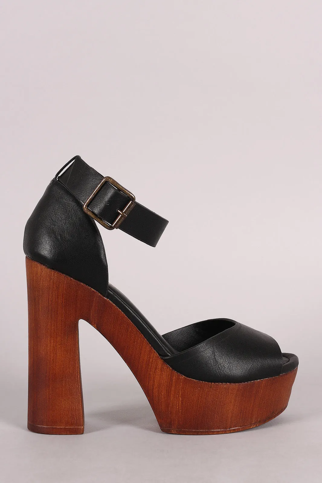 Bamboo Ankle Strap Chunky Wooden Platform Heel