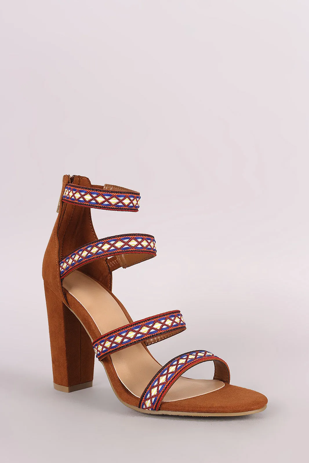 Bamboo Embroidered Suede Strappy Caged Chunky Heel