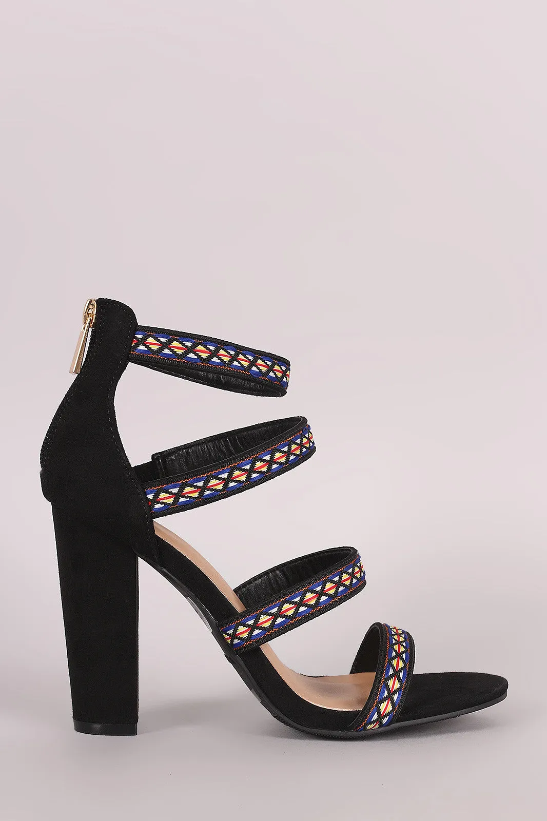 Bamboo Embroidered Suede Strappy Caged Chunky Heel