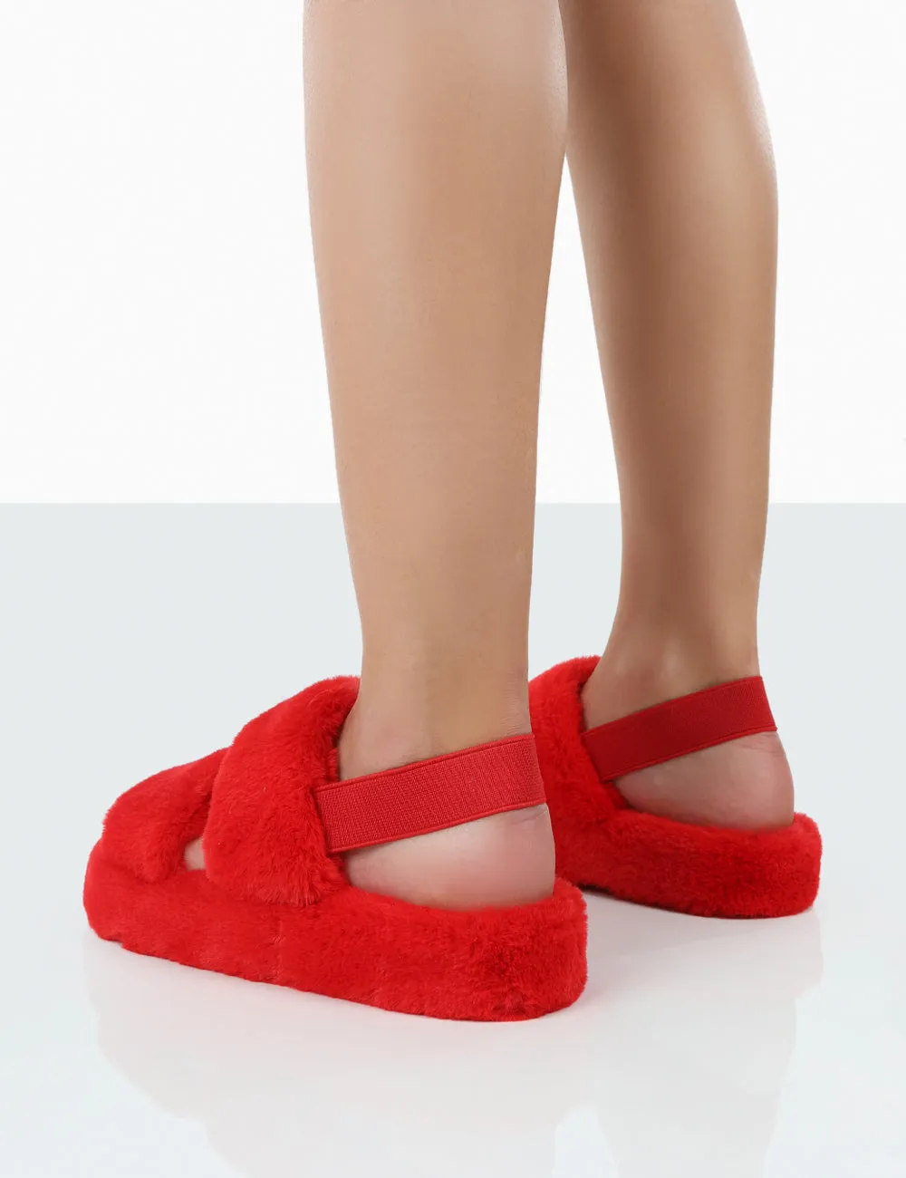 Bed Time Red Faux Fur Fluffy Strappy Slingback Slippers