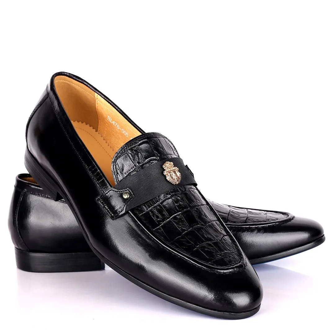 Billion Exquisite Half Croc And Belted Logo Designed Leather Shoe - Black