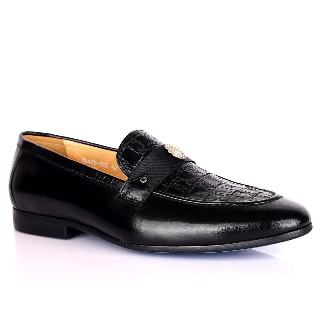 Billion Exquisite Half Croc And Belted Logo Designed Leather Shoe - Black