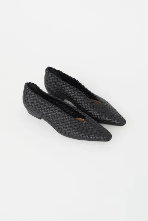 Black Leather Intrecciato Woven Flat