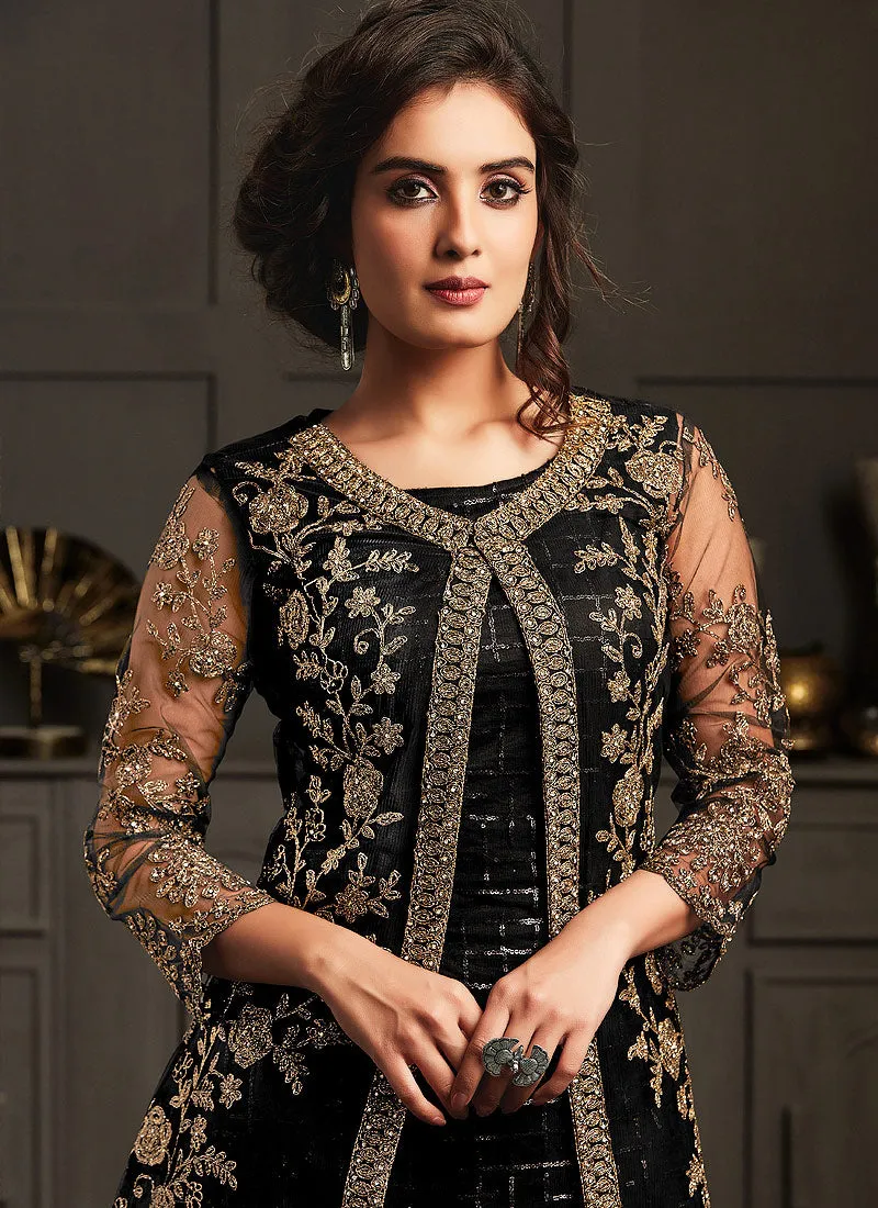 Black Multi Embroidered Jacket Style Pant Suit