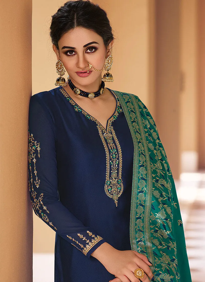 Blue And Green Embroidered Pant Style Suit