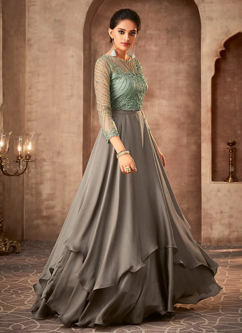 Blue And Grey Embroidered Party Wear Anarkali Gown