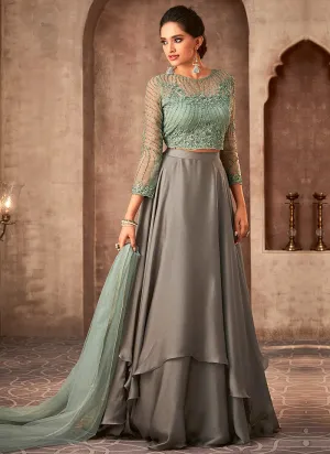 Blue And Grey Embroidered Party Wear Anarkali Gown