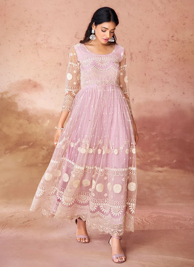 Blush Pink Thread Work Embroidery Festive Anarkali Gown