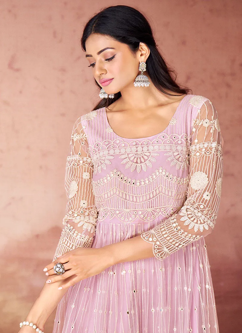 Blush Pink Thread Work Embroidery Festive Anarkali Gown