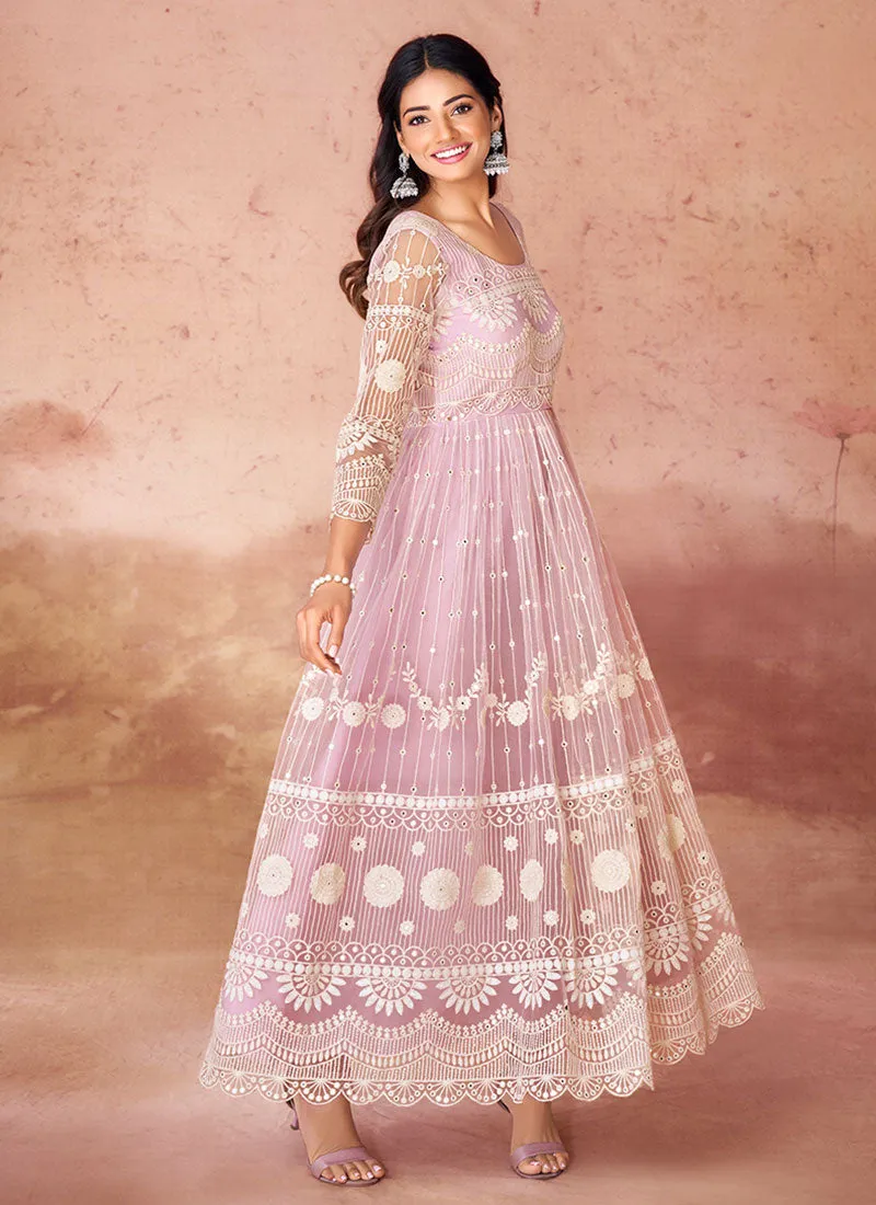 Blush Pink Thread Work Embroidery Festive Anarkali Gown