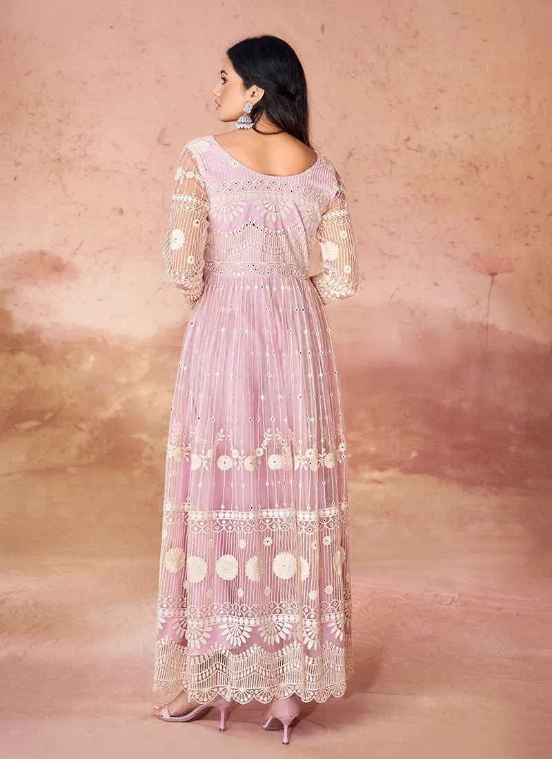 Blush Pink Thread Work Embroidery Festive Anarkali Gown