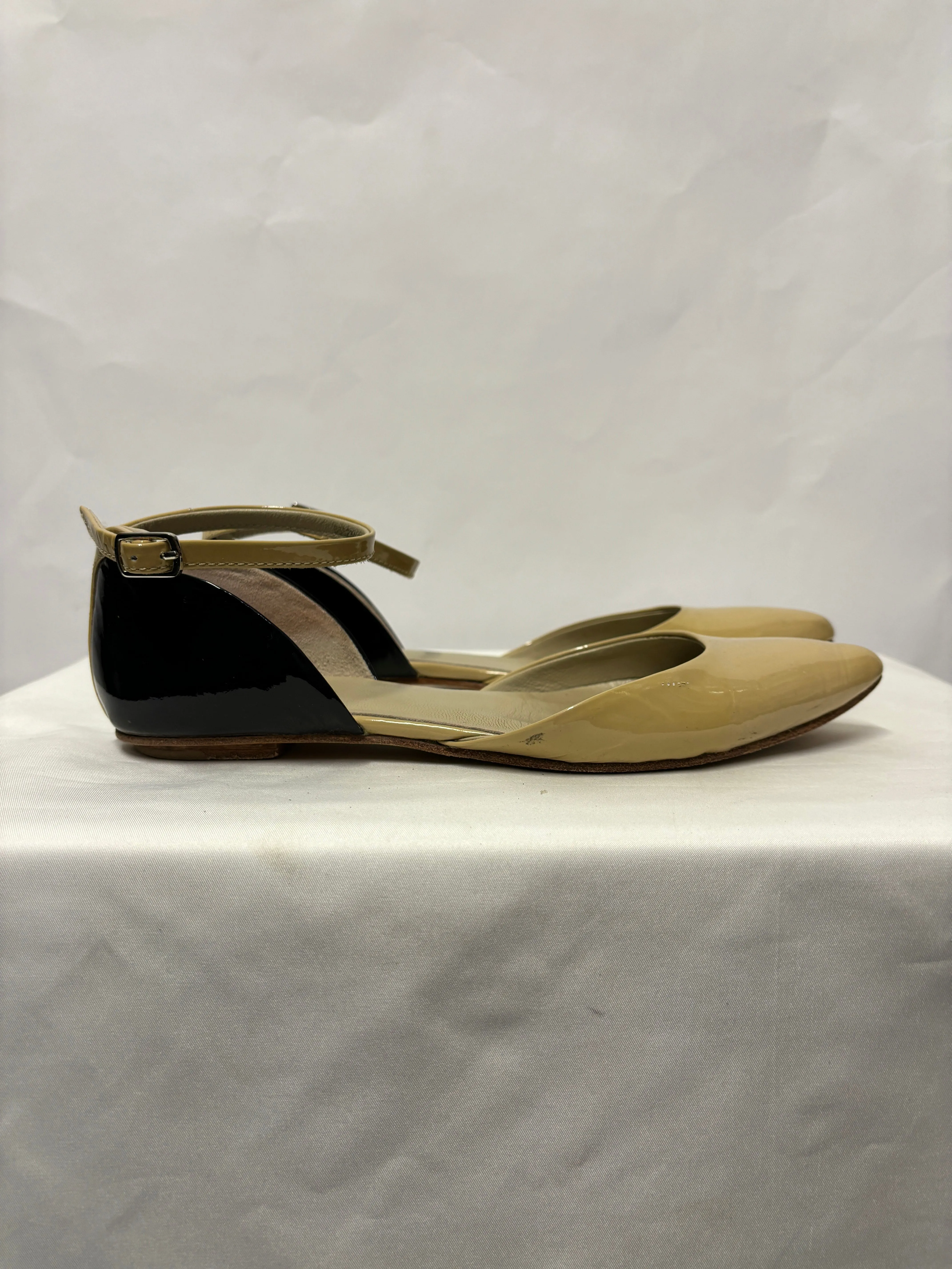 Boden Light Brown & Blue Patent Leather Flats With Ankle Buckle 3