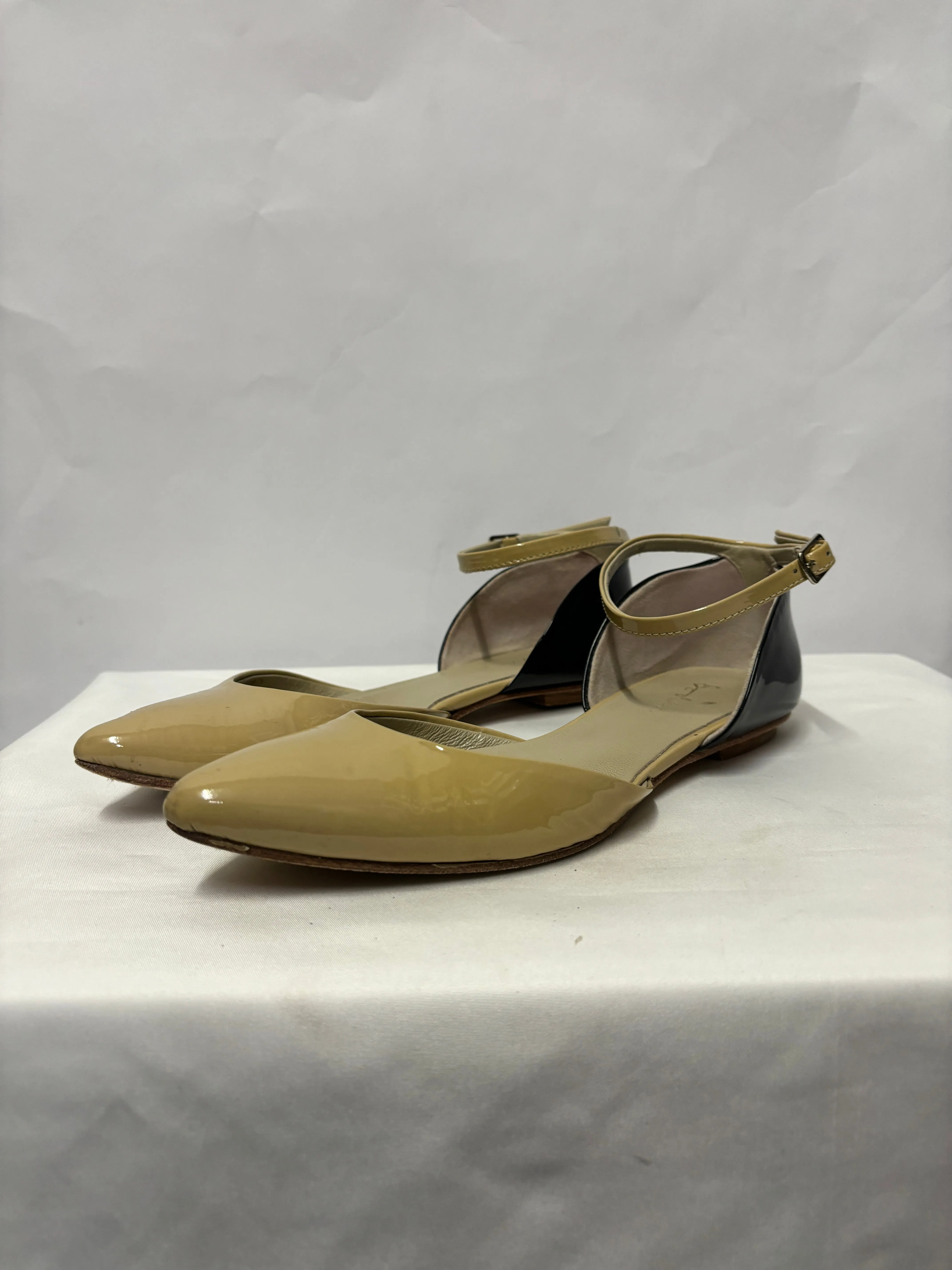 Boden Light Brown & Blue Patent Leather Flats With Ankle Buckle 3