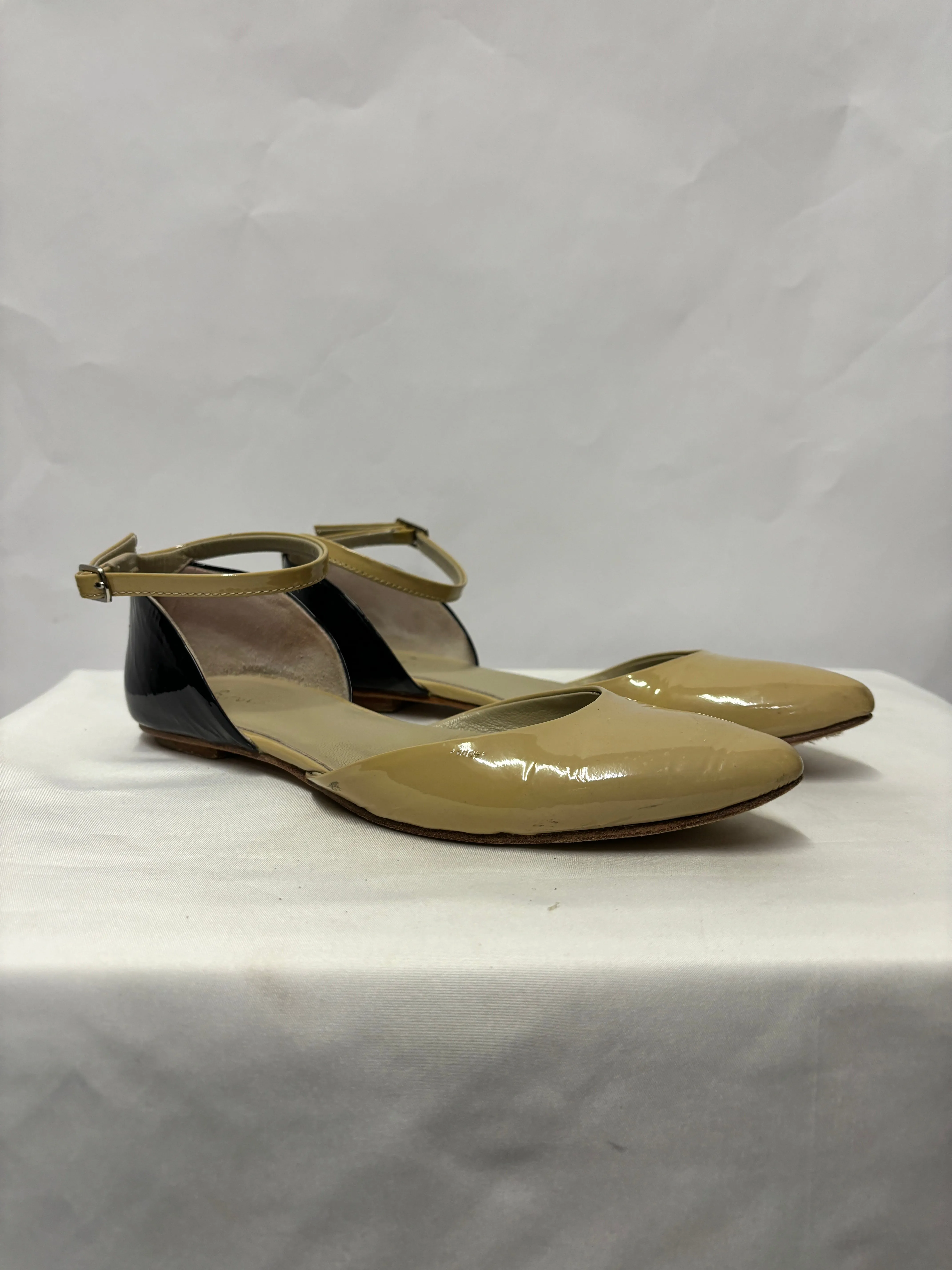 Boden Light Brown & Blue Patent Leather Flats With Ankle Buckle 3