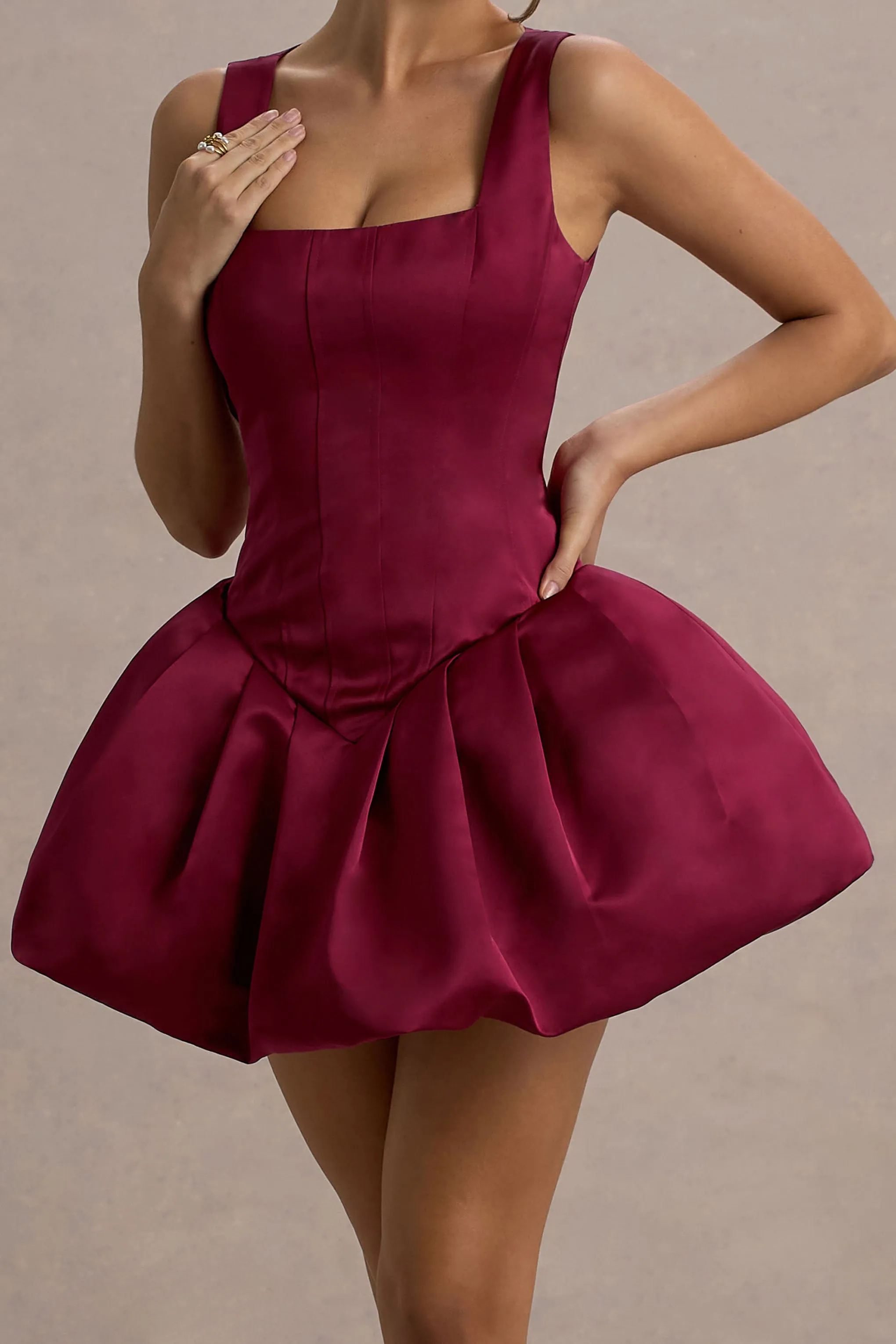 Bramble | Port Satin Square-Neck Puffball Mini Dress