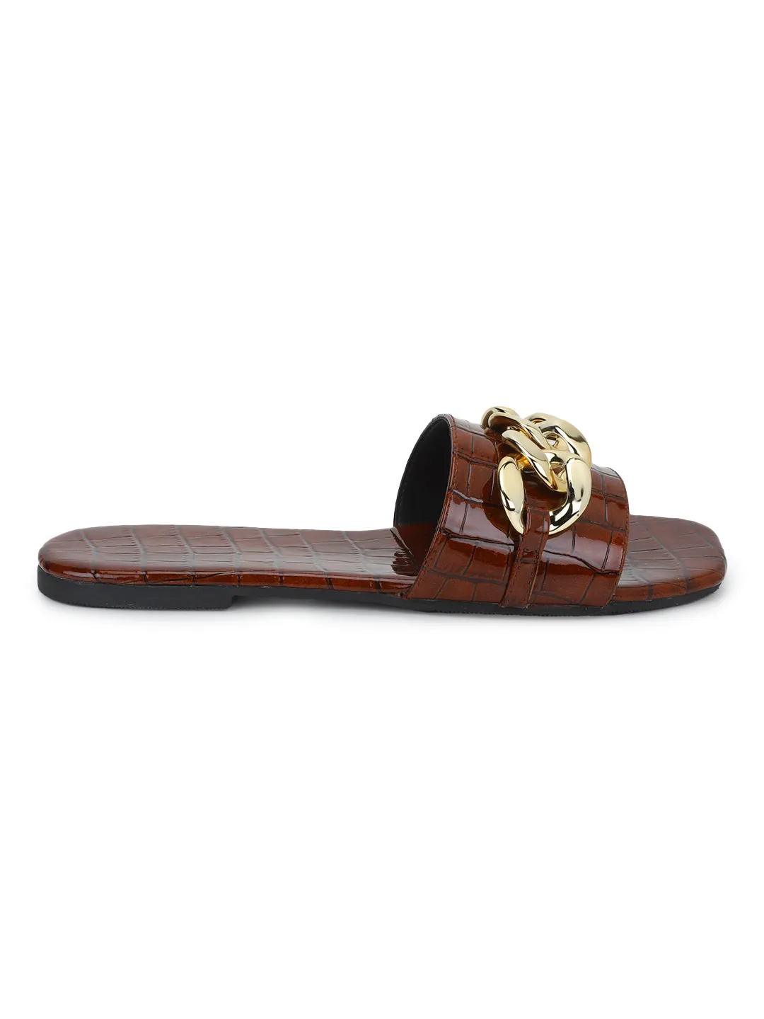 Brown Croc PU Gold Chain Slides (TC-ST-1175-BROCROC)