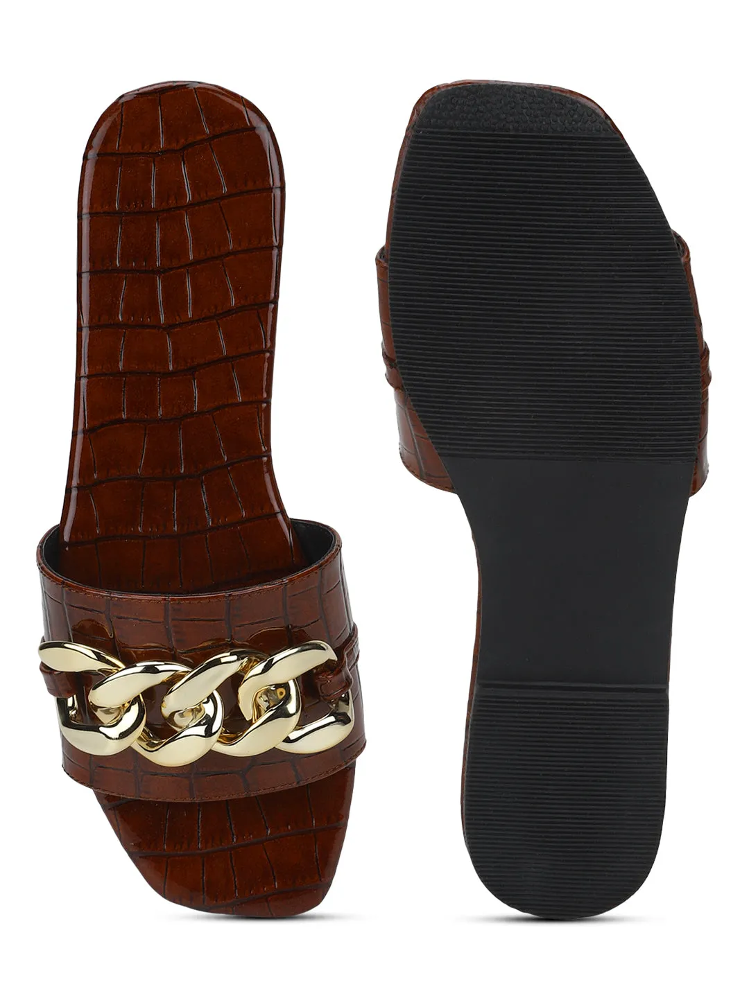 Brown Croc PU Gold Chain Slides (TC-ST-1175-BROCROC)