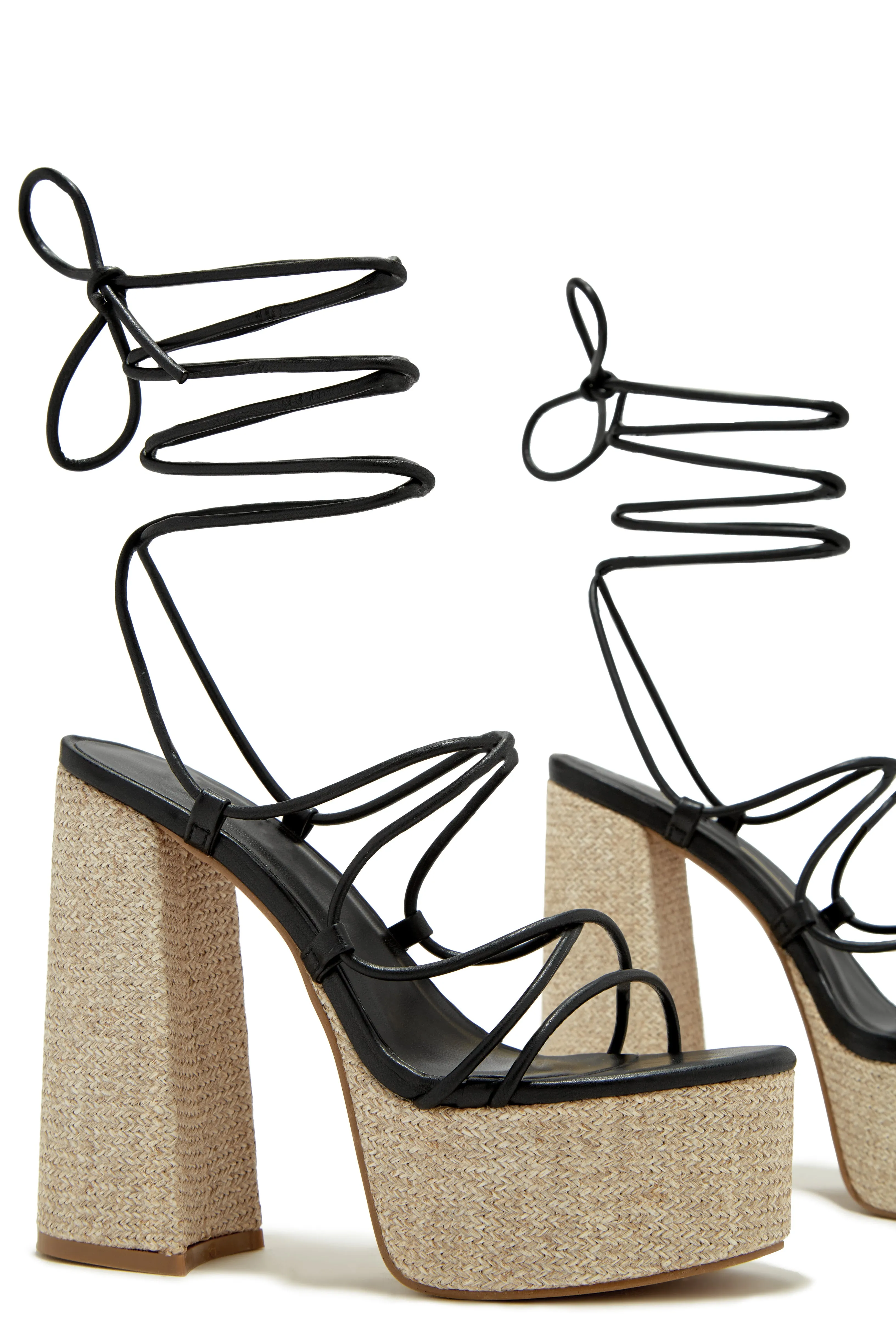 Brunch Al Fresco Lace Up Platform Block High Heels - Black