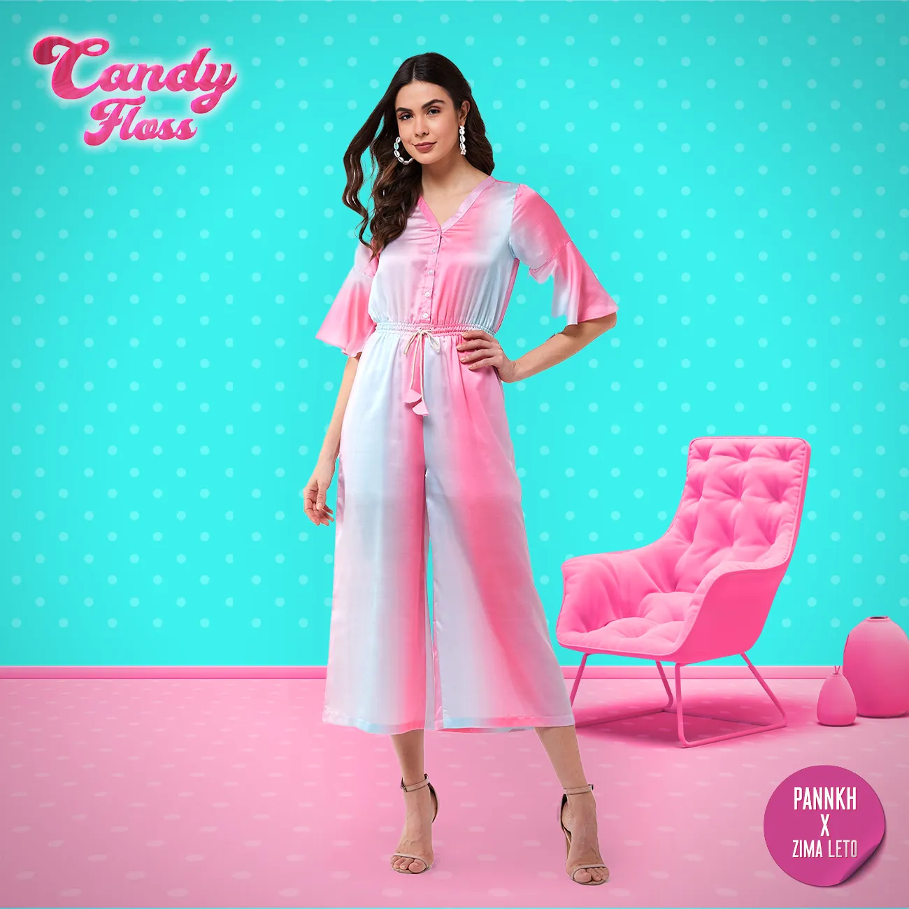 Candy Inspired Digital Printed Jumpsuit With Front Drawstring Waistline