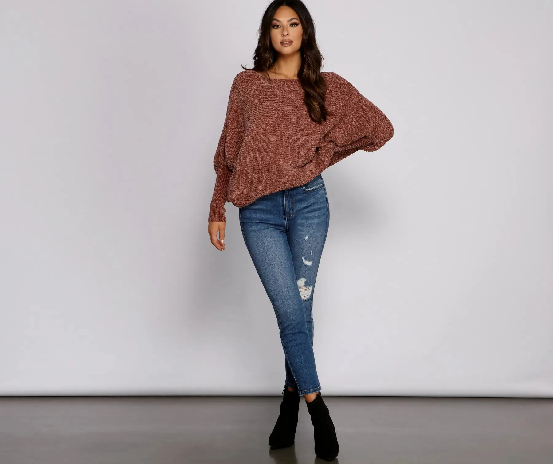 Chenille Knit Dolman Sleeve Sweater