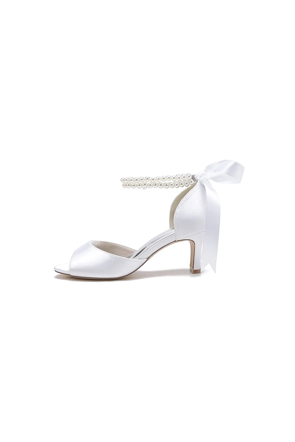 Chic White Satin Heels Featuring a Pearl-Embellished Bow