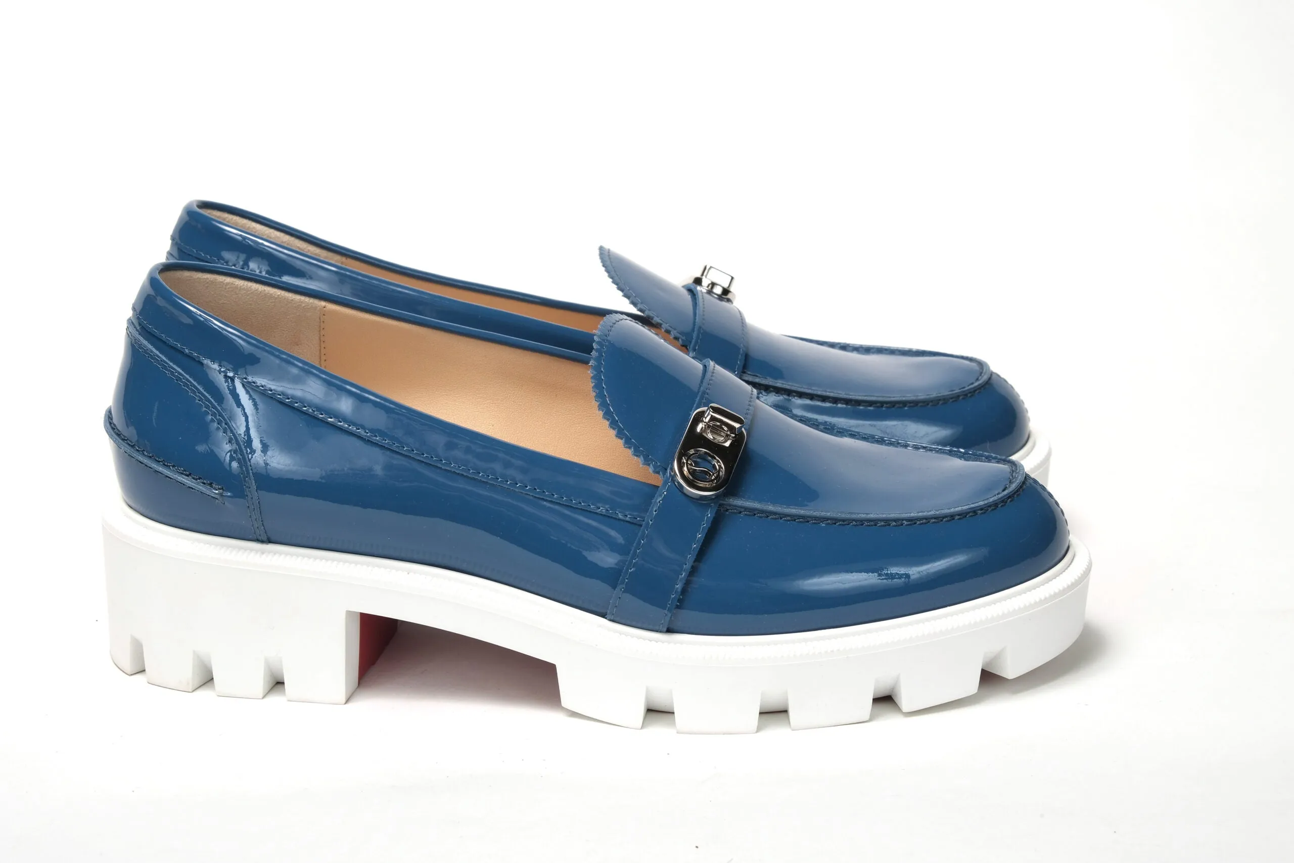 Christian Louboutin Blue And White Silver Logo Lock Boat Shoe