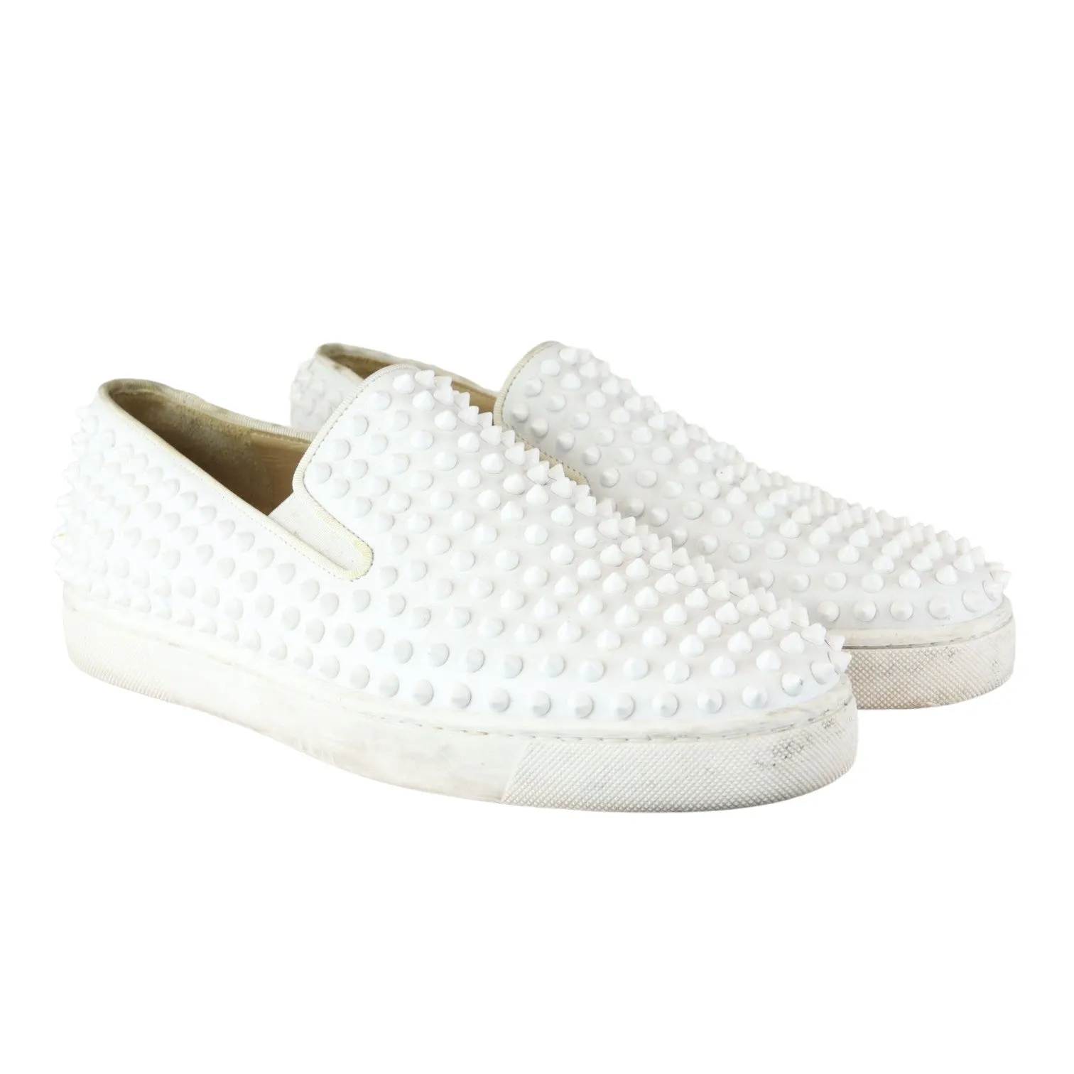 Christian Louboutin Spikes Mens Roller Boat Flat Calfskin White Size 42