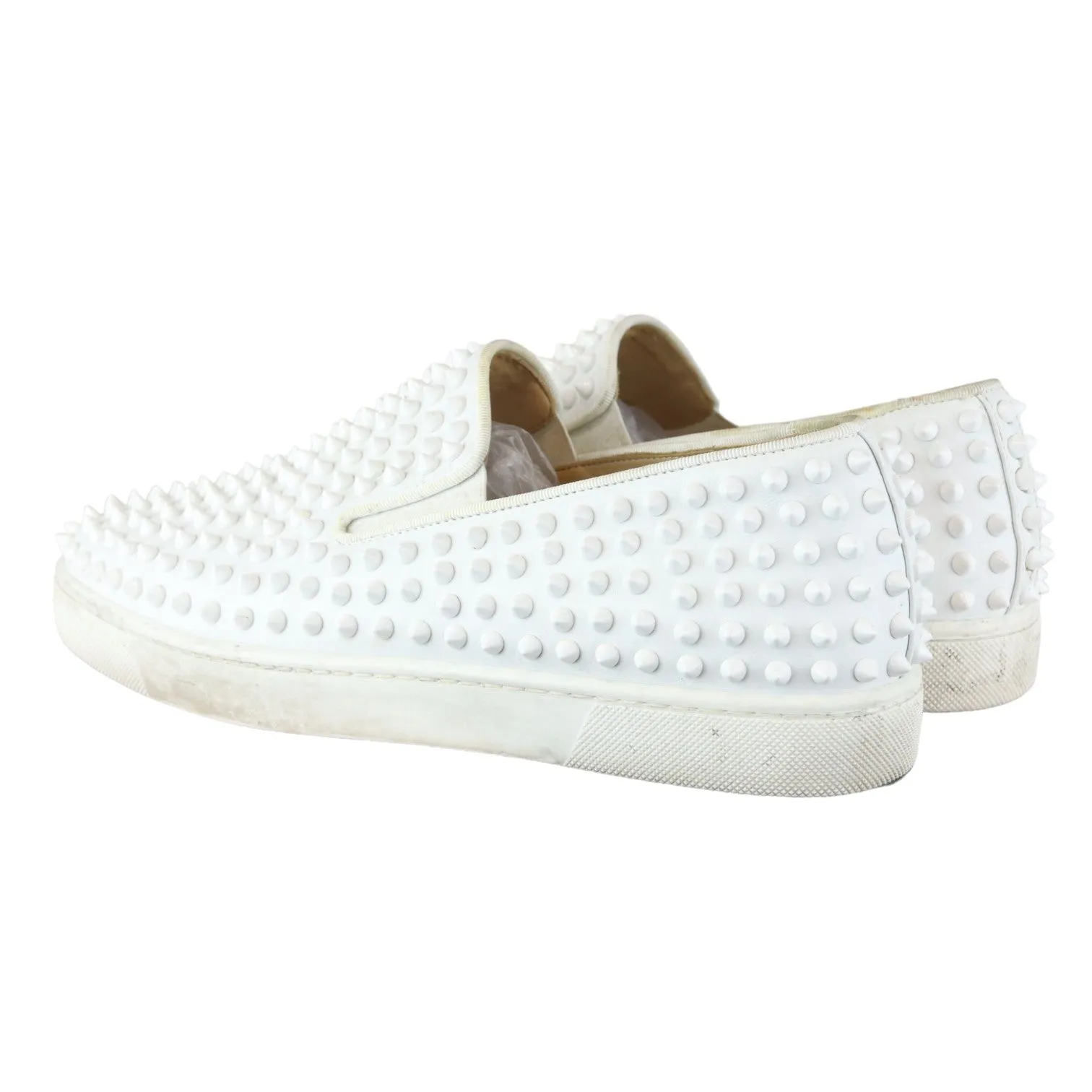 Christian Louboutin Spikes Mens Roller Boat Flat Calfskin White Size 42