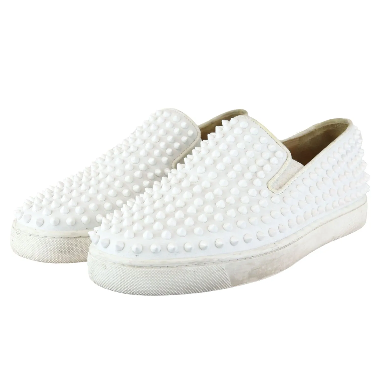 Christian Louboutin Spikes Mens Roller Boat Flat Calfskin White Size 42